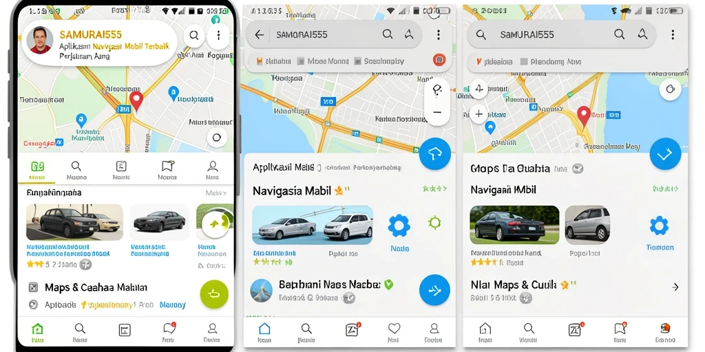 Antarmuka aplikasi SAMURAI555 dengan fitur navigasi mobil yang lengkap.